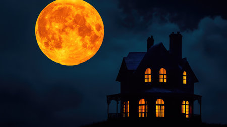 Spooky haunted house silhouette against a full moon, dark night sky, copy spaceの素材