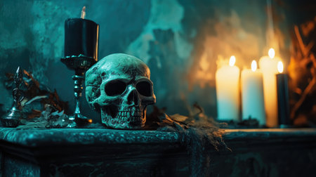 Spooky Halloween decorations on a mantelpiece, dark background, copy spaceの素材