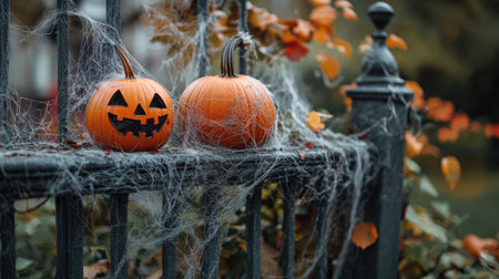 Spooky Halloween decorations on a fence, pumpkins and cobwebs, copy spaceの素材