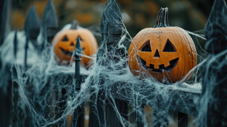 Spooky Halloween decorations on a fence, pumpkins and cobwebs, copy spaceの素材
