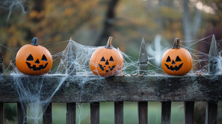 Spooky Halloween decorations on a fence, pumpkins and cobwebs, copy spaceの素材