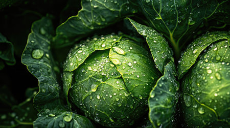 Cabbages in the rain, their leaves covered with water droplets, appearing crisp and fresh.の素材