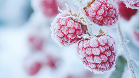 Close-up of frosty raspberries, emphasizing their freshness and icy appearance.の素材