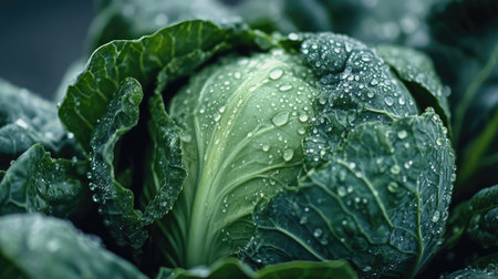 Close-up of a green cabbage with raindrops, showcasing its freshnessの素材