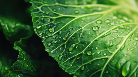 Close-up of a cabbage leaf with rainwater, emphasizing its crispness and moistureの素材