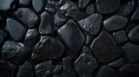 Black stones background, top view with varying sizes and textures, ideal for a zen ambiance.の素材