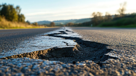 Close-up of a significant crack in an asphalt road, depicting deterioration.の素材