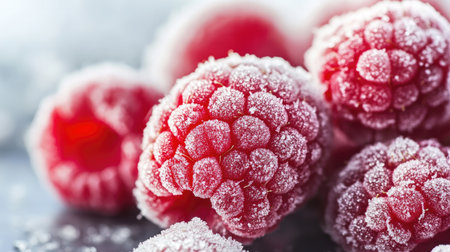 Close-up of frosty raspberries, emphasizing their freshness and icy appearance.の素材