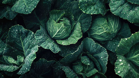 Cabbages in the rain, their leaves covered with water droplets, appearing crisp and fresh.の素材