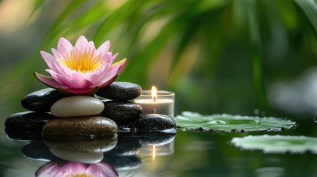 Calm and peaceful arrangement of zen stones with a candle and lotus flower.の素材