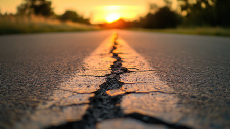 Asphalt road with a long crack running through it, highlighting wear and tear.の素材