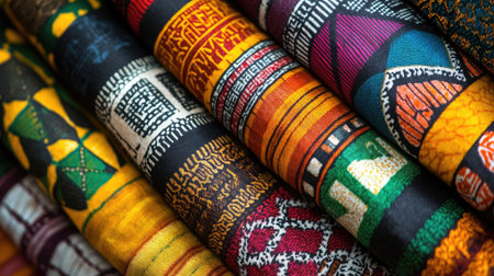Close-up of colorful African textiles, emphasizing their unique and beautiful patterns.の素材