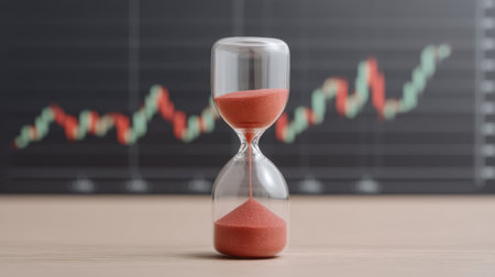 An hourglass with red sand captures the essence of time management against a backdrop of a stock market graph, symbolizing financial decision-making and growth.の素材