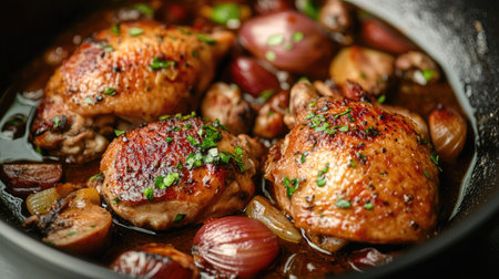 Classic French coq au vin with tender chicken and a rich red wine sauce.の素材