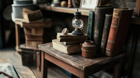 Vintage wooden stand with antique props, ideal for nostalgic items.の素材