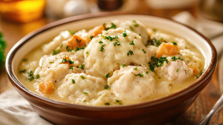 Hearty bowl of chicken and dumplings with tender chicken and fluffy dumplings.の素材