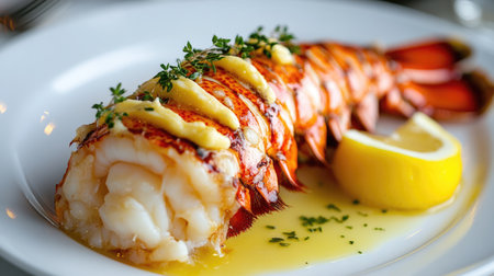 Elegant serving of lobster tail with drawn butter and lemon wedge.の素材