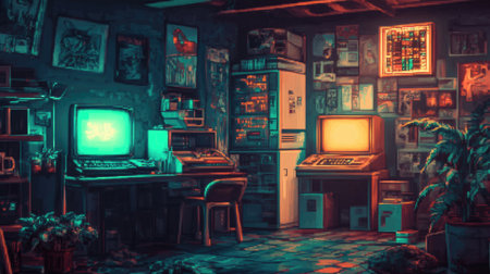 Digital pixel art background with retro-inspired, vibrant, and nostalgic elements, perfect for vintage designs.の素材