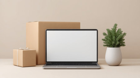 This image showcases a stylish workspace setup with a laptop, gift box, cardboard box, and a potted plant, perfect for promotional and creative projects.の素材