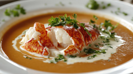 Elegant serving of lobster bisque with a drizzle of cream and fresh herbsの素材