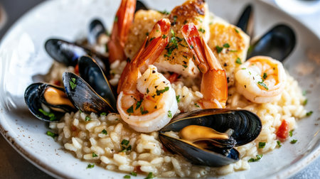 Savory seafood risotto with shrimp, scallops, and mussels, beautifully plated.の素材