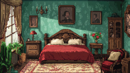 A cozy bedroom in pixel art, filled with antique furniture and decor, perfect for an 8-bit gameの素材