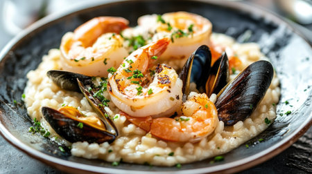 Savory seafood risotto with shrimp, scallops, and mussels, beautifully plated.の素材