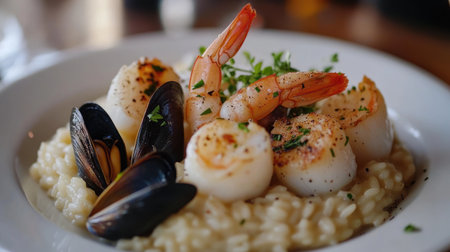 Savory seafood risotto with shrimp, scallops, and mussels, beautifully plated.の素材
