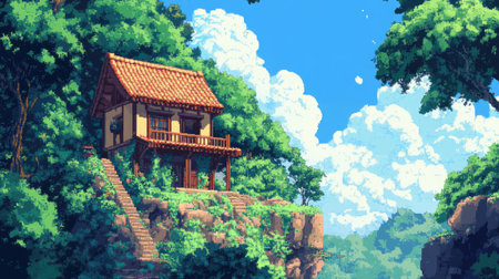 An 8-bit pixel art house nestled in a lush forest, ideal for an anime-style isekai background with vibrant daytime colorsの素材