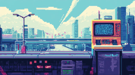 Colorful pixel art background with retro video game aesthetics, featuring vintage digital patterns.の素材