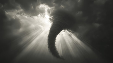 Dramatic silhouette of a tornado with storm clouds and sun rays breaking through in a gray sky.の素材
