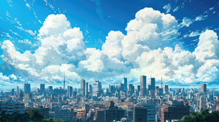 Expansive sky with fluffy clouds over a cityscape, captured in vibrant anime style with dynamic lightingの素材