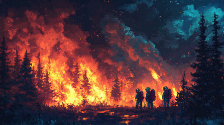 Pixel art scene of galaxy firefighters combating forest fires in space, focusing on vibrant, intricate details.の素材