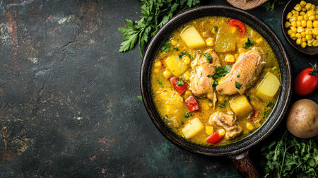 Top view of a delicious Colombian ajiaco soup with chicken, corn, and potatoes, with space for copyの素材