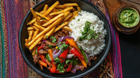 Top view of a colorful Peruvian lomo saltado with fries and rice, perfect for a vibrant display.の素材