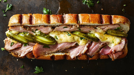 Cuban sandwich with roast pork, ham, cheese, and pickles, shot from above.の素材