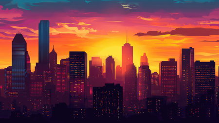 Vector silhouette of a city skyscraper skyline at sunset, with rich colors and intricate urban detailsの素材