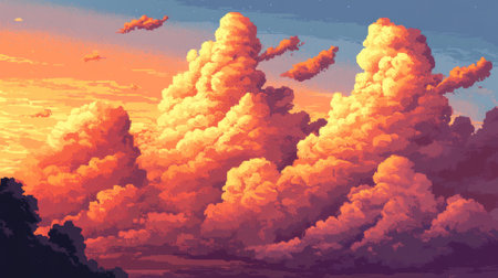 Sunset clouds in pixel art, seamlessly tiled in a retro style for nostalgic designs.の素材