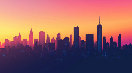 Silhouette cityscape at sunset in vector art, showcasing a skyline of skyscrapers against colorful skiesの素材