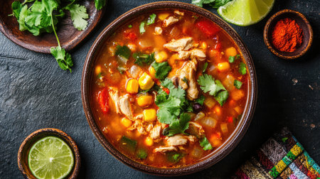A delicious bowl of Mexican caldo tlalpe with chicken and vegetables, viewed from aboveの素材