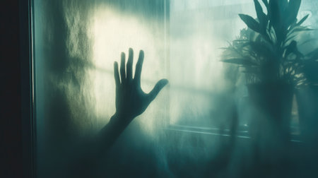 Creepy shadow of a hand on a foggy window, dimly lit room, copy spaceの素材