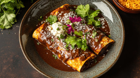 A delicious plate of Mexican mole enchiladas with fresh garnishes, viewed from above.の素材