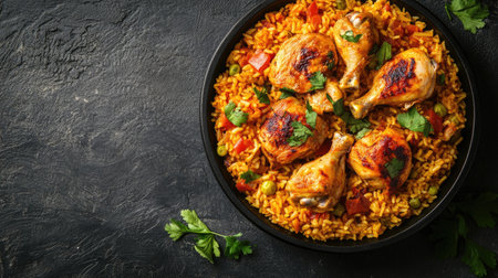 Top view of a traditional Cuban arroz con pollo, chicken and rice, with room for text.の素材