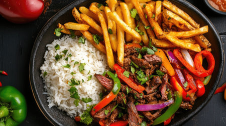 Top view of a colorful Peruvian lomo saltado with fries and rice, perfect for a vibrant display.の素材