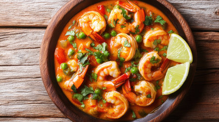 Top view of a vibrant plate of Brazilian bobo de camarao, a shrimp stew with coconut milk, with space for copy.の素材