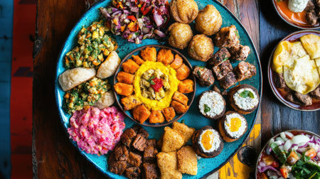 Top view of a vibrant plate of Brazilian pastel with various fillings, perfect for a street food scene.の素材