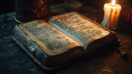 Creepy old book with spells and potions, candlelit room, copy spaceの素材