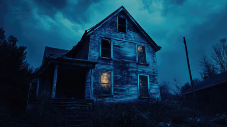 Eerie abandoned house with broken windows, spooky night, copy spaceの素材