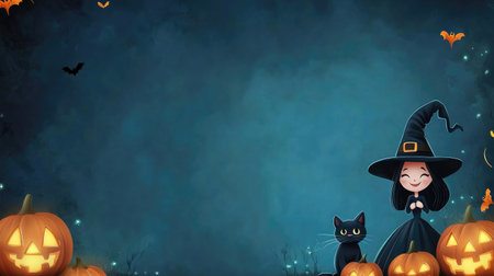 Cartoon Halloween background with a friendly witch, black cat, and jack-o'-lanterns, leaving space for your message or text.の素材