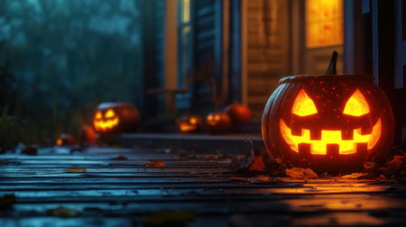 Halloween jack-o'-lanterns glowing on a porch, spooky night, copy spaceの素材
